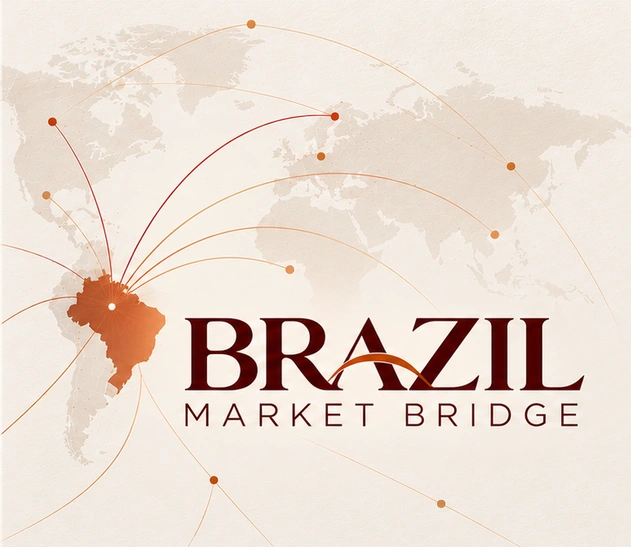 Brazil Market Bridge logo on the original business-card world map, with orange connections radiating from Brazil
