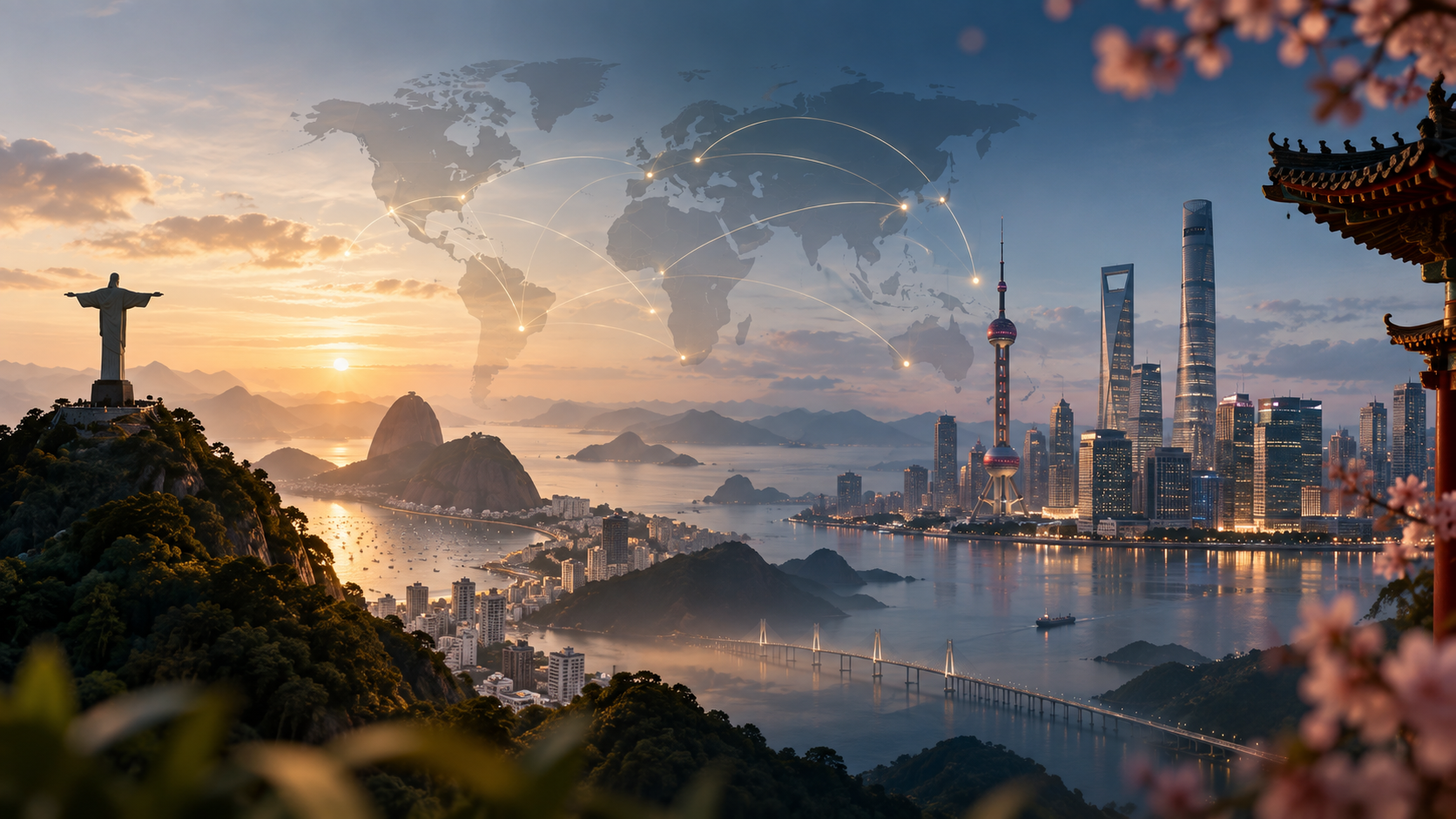 Rio de Janeiro and Shanghai connected across a world map